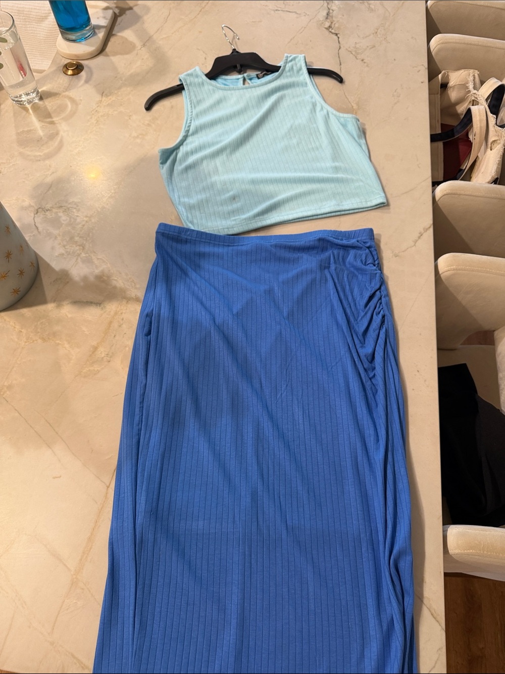 PrettyGarden set Ribbed Maxi Skirt in Blue with Side Ruching w light top
